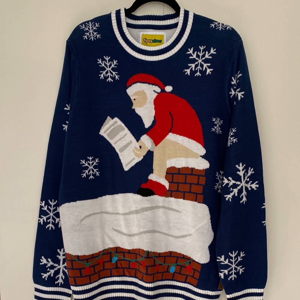 Tipsy Elves Ugly Christmas Sweater Mens Santa Clause Chimney Holidays Blue XL - Picture 6 of 8